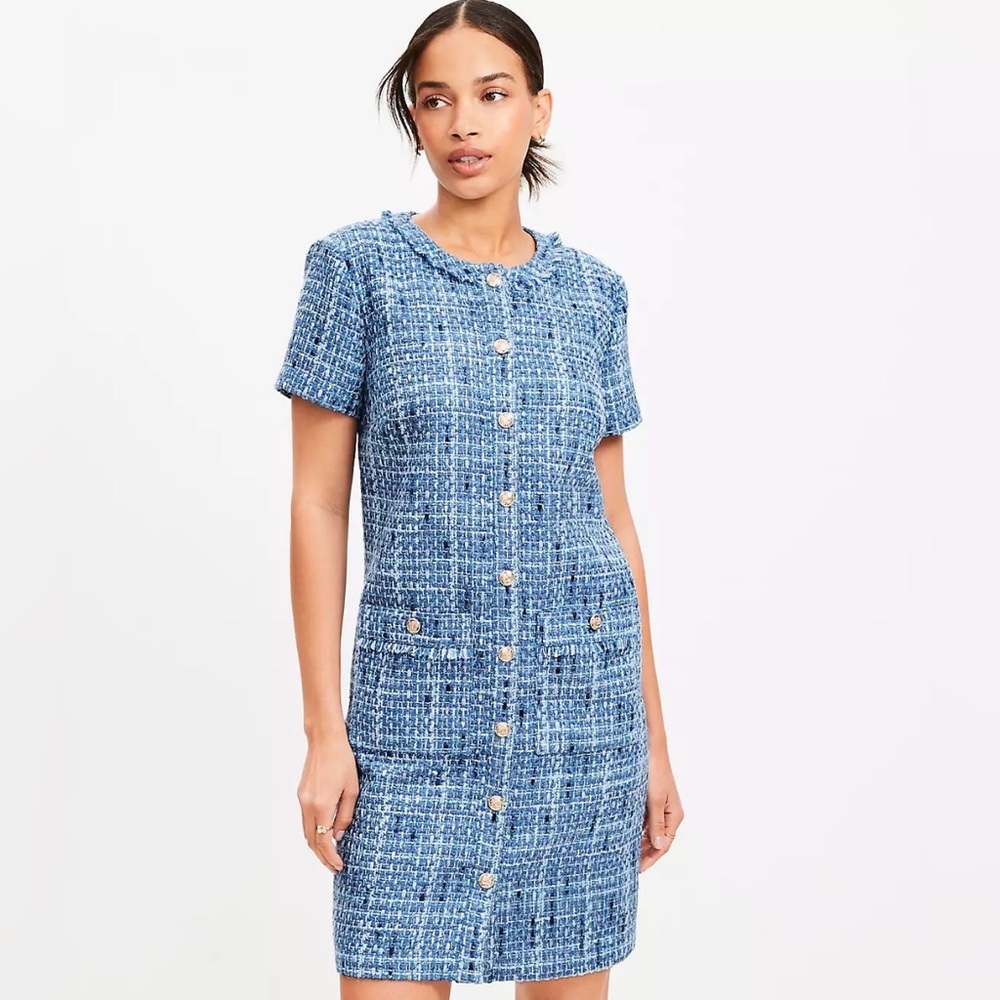 Ann Taylor Loft Blue Tweed Pocket Mini Dress size 8 NWT